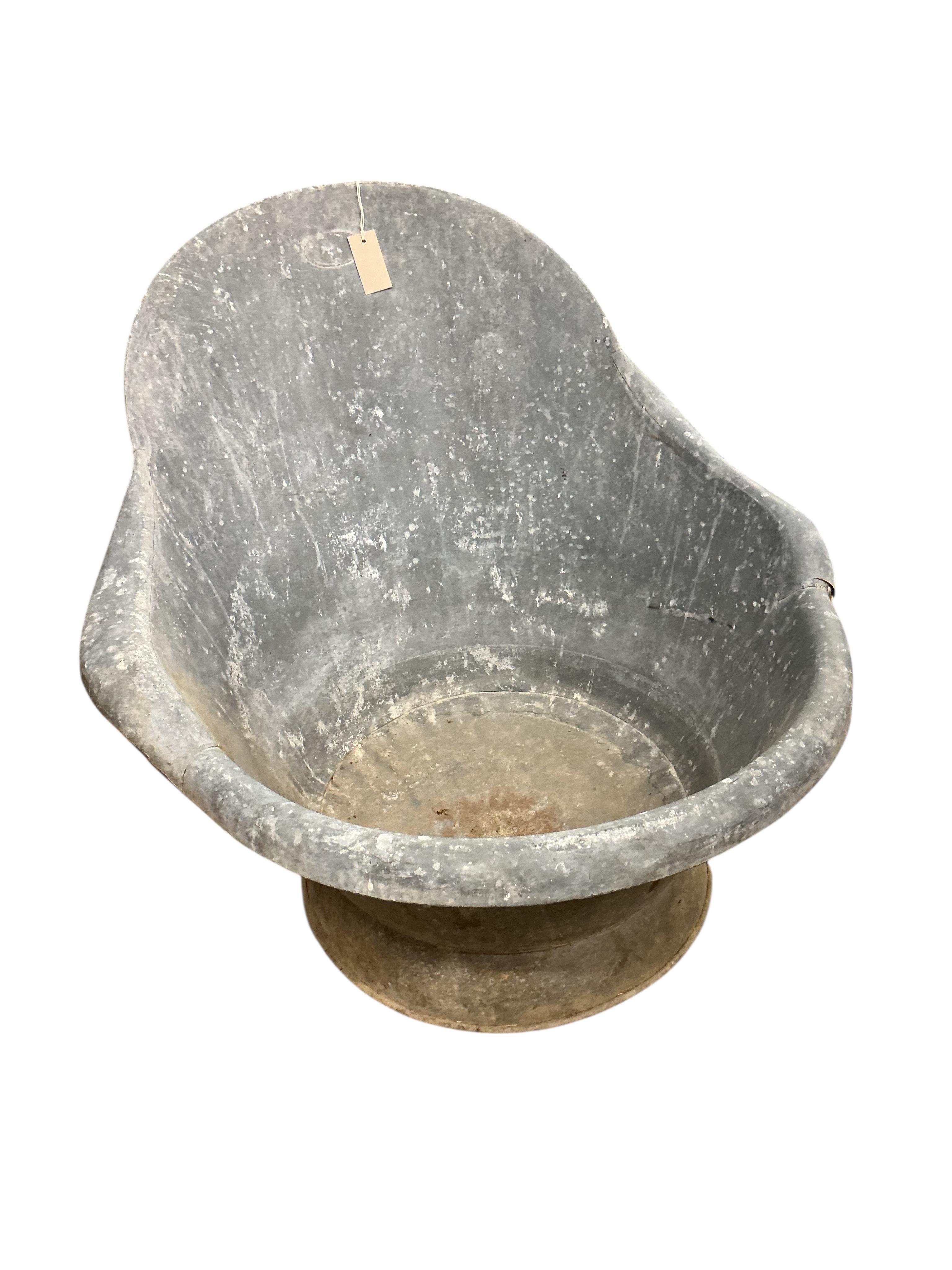 A vintage French zinc hip bath, width 80cm, height 70cm